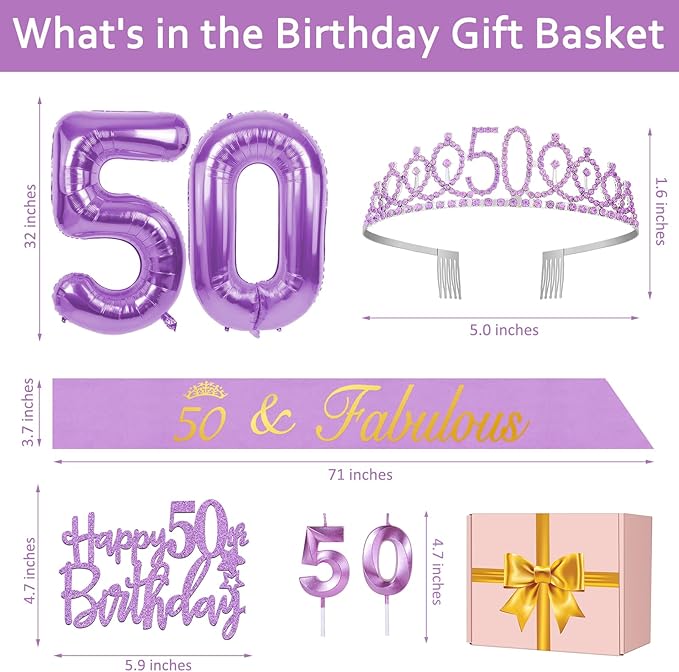 50th Birthday Decorations for Women Purple with 50th Birthday Sash