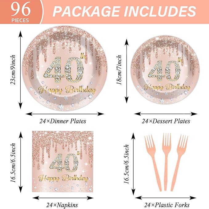 96PCS Rose Gold 40th Birthday Party Paper Plates and Napkins Forty