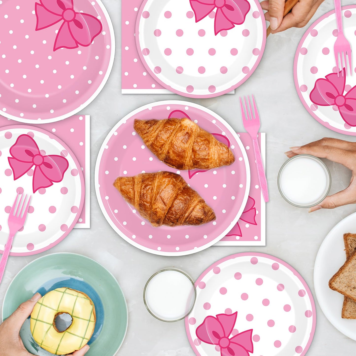 96Pcs Pink Cat Paper Plates and Napkins Cute Cats Bow Theme Birthday