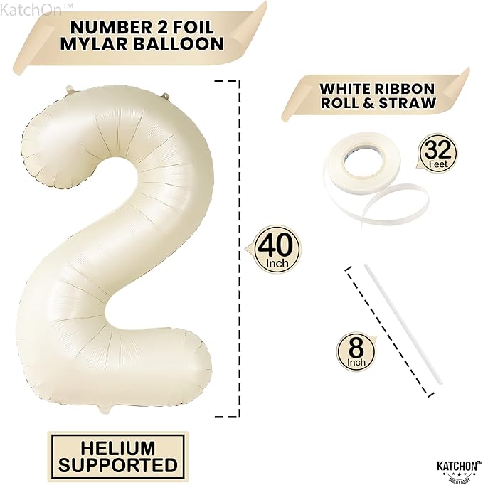 KatchOn Cream White Number 2 Balloon - 40 Inch, 2nd Birthday Party