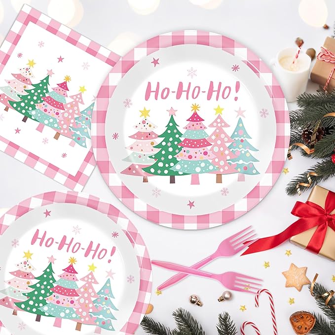 96Pcs Pink Christmas Trees Paper Plates and Napkins Xmas Watercolor