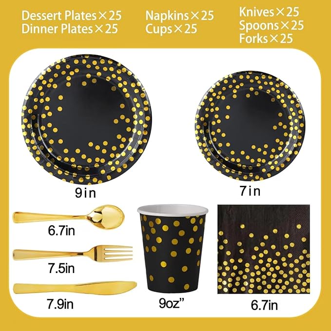 175 PCS Black and Gold Party Supplies,Gold Dot on Black Paper Plates