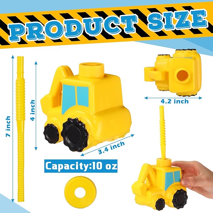 12 Set Excavator Truck Cups with Straws Tractor Birthday Party