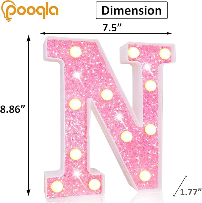 Pooqla LED Marquee Letter Lights, Pink Glitter Alphabet Sign Battery P