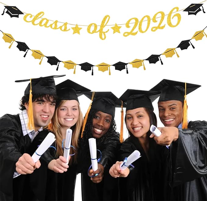 Black Gold Party-Decoration Graduation Banner - 14pcs Kits Cap