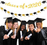 Black Gold Party-Decoration Graduation Banner - 14pcs Kits Cap