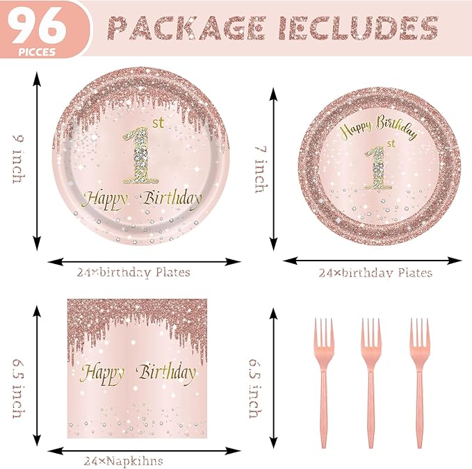 24 Sets 1st Rose Gold Birthday Party Decrations for Girls 1 Birthday