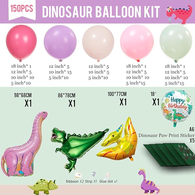 Pink Dinosaur balloon garland kit 150pcs Pastel Pink green Purple