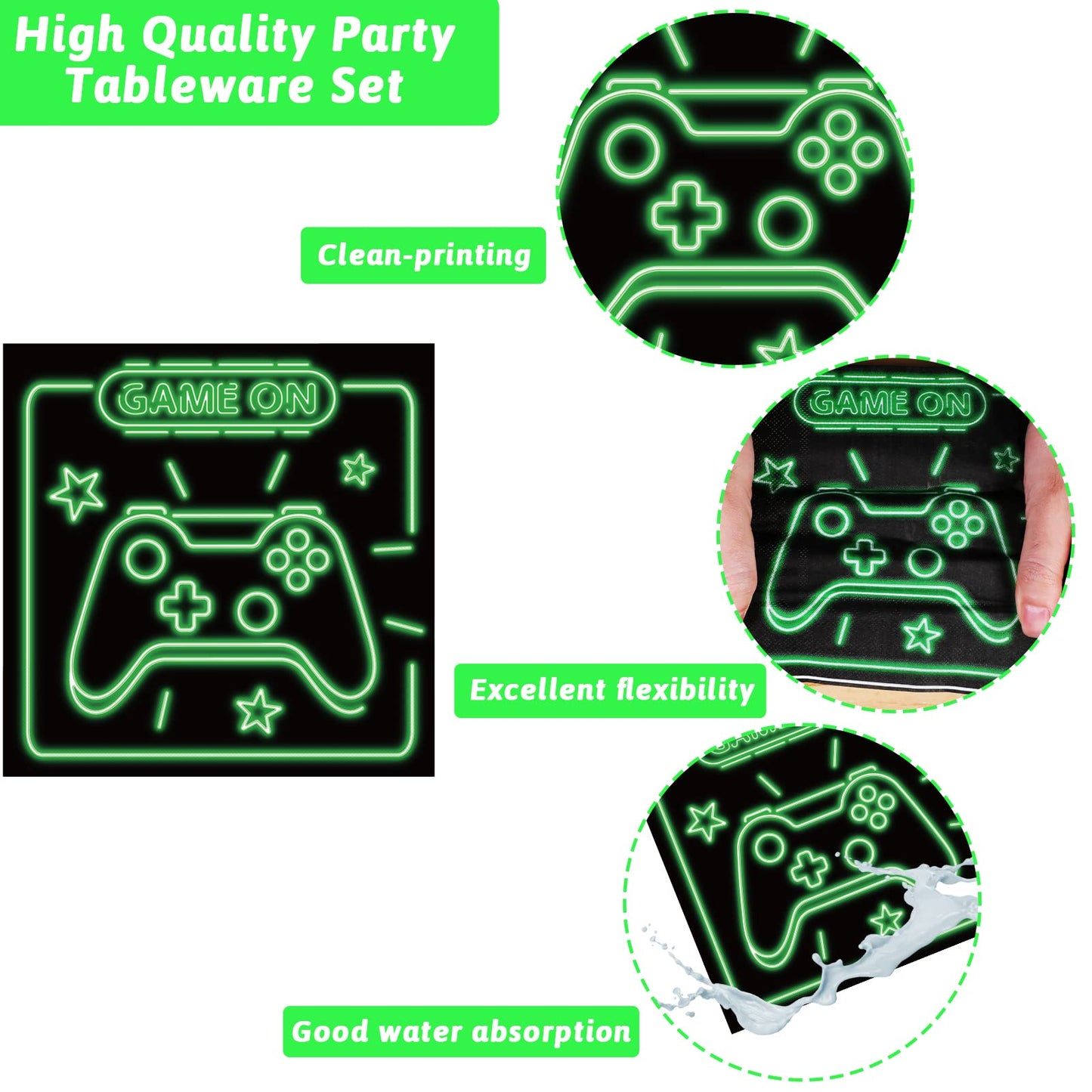 96pcs Video Game Party Supplies Tableware Set Neon Game On Paper
