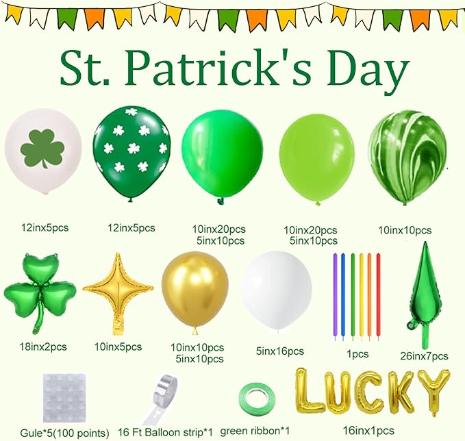 St Patrick's Day Balloon Arch Garland Kit With Green Lucky Shamrock
