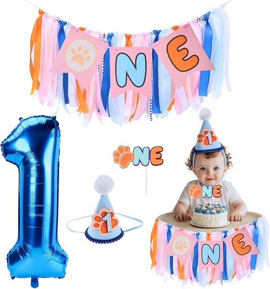 Blue Dog Highchair Banner for First Birthday Party Decorations