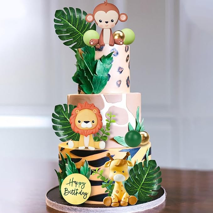 Jungle Safari Animal Cake Topper with Colourful Balls Plam Leaves