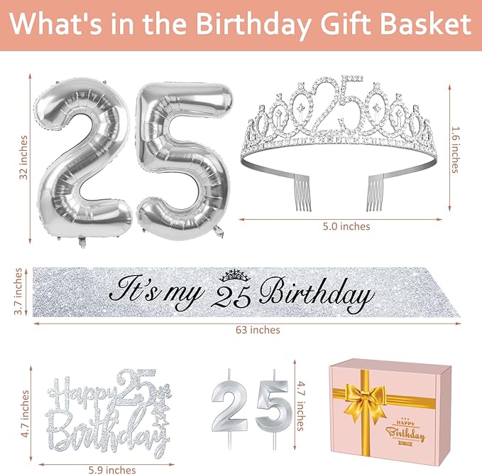 25th Birthday Decorations for Women Silver with 25th Birthday Sash