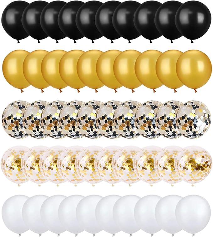 72 Pack Black Gold Confetti Balloons Kit, 12 Inch Black Gold White