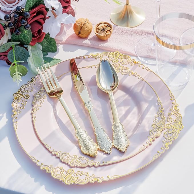 Nervure 175PCS Pink Plastic Plates - Disposable Pink Gold Party