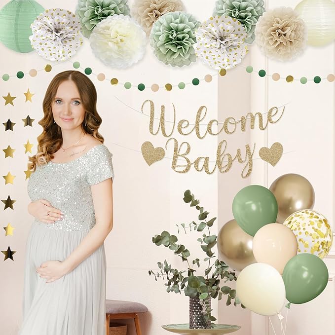 Amandir Baby Shower Decorations Sage Green Balloons Welcome Baby
