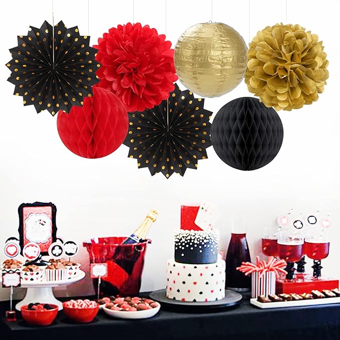 Red Black Gold Party Decorations Streamers Lanterns 14pcs Casino
