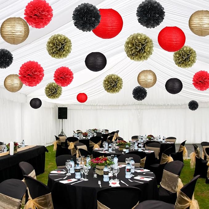 zilue Red and Black Party Decorations, Paper Lanterns and Pom Poms