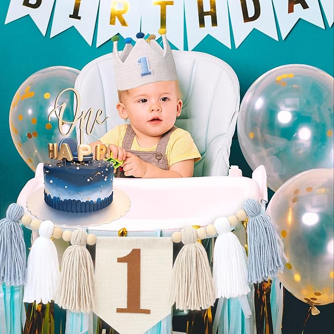 Baby Boy First Birthday Party Decorations Blue High Chair Banner 1st