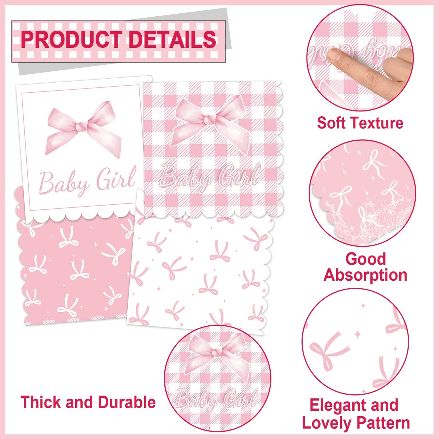 96Pcs Pink Bow Baby Shower Party Supplies Girl Bow Paper Plates