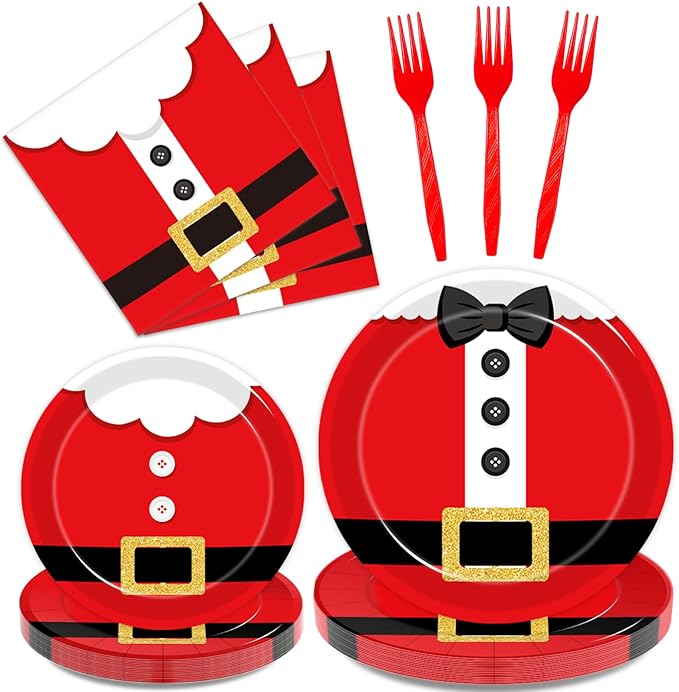 96 Pcs Santa Christmas Paper Plates Santa Claus Suit Disposable