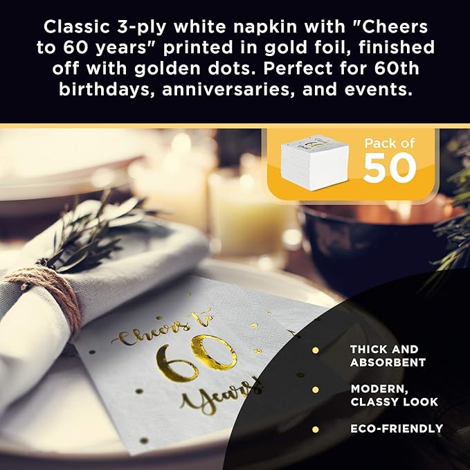 Cheers to 60 Years Cocktail Napkins | Happy 60th Birthday Decorations