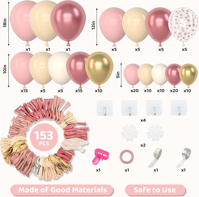 Amandir 153Pcs Boho Blush Balloon Arch Garland Kit, Different Sizes
