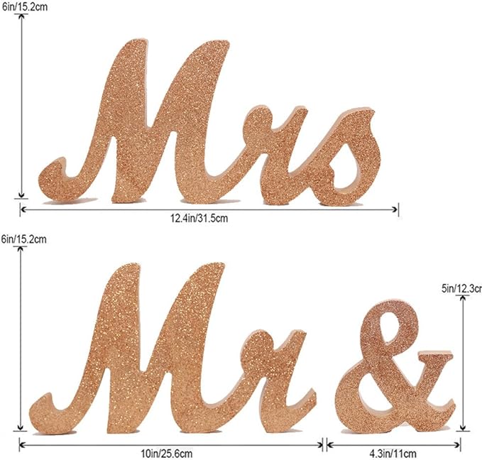 Mr & Mrs Wedding Sign Decorative Letters Rustic Elegant Rose Gold