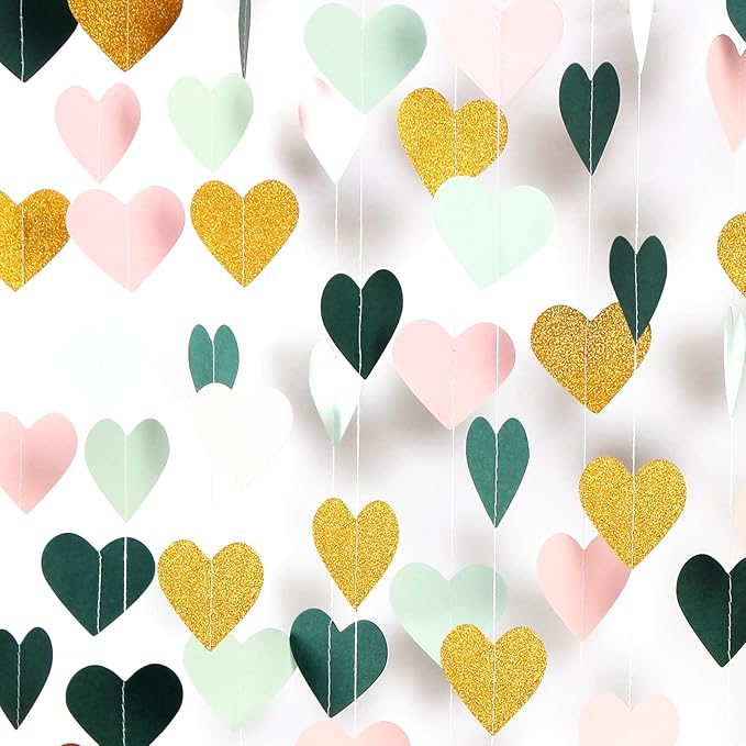Sage-Green Mint Pink-Gold Love-Heart Garland - 52Ft Rustic Wedding