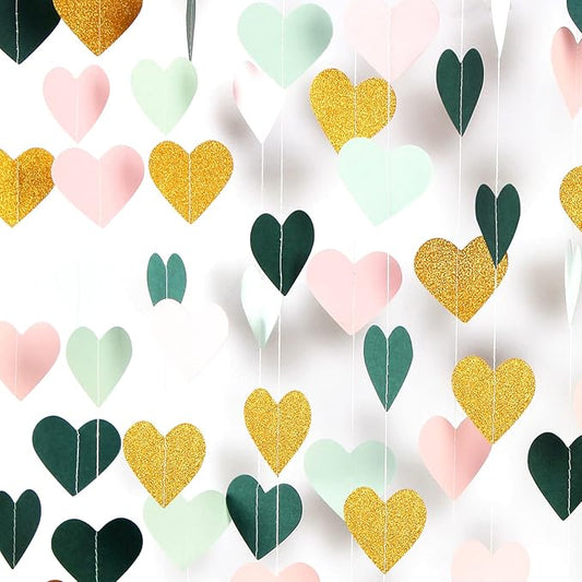 Sage-Green Mint Pink-Gold Love-Heart Garland - 52Ft Rustic Wedding