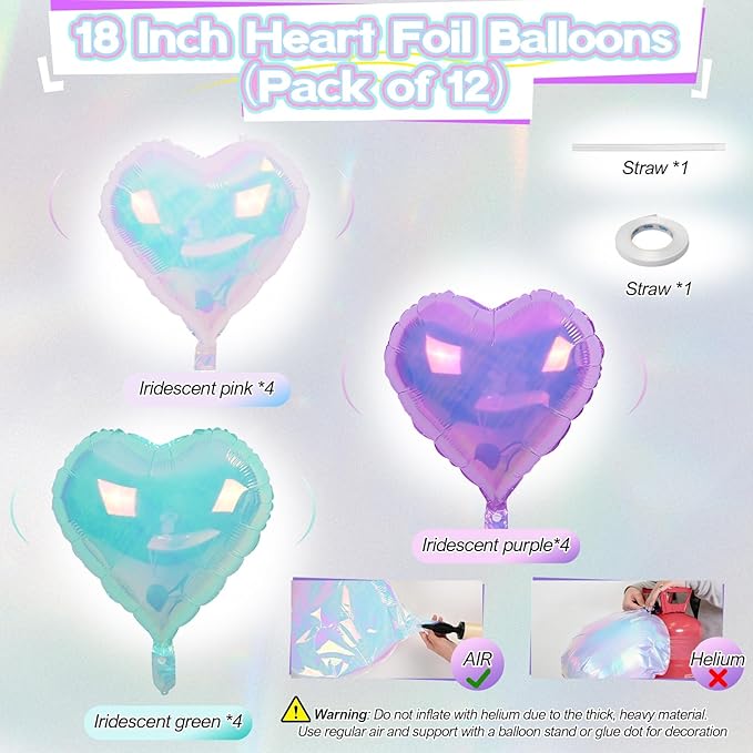 Iridescent Heart Balloons, 12Pcs 18Inch Transparent Crystal Heart