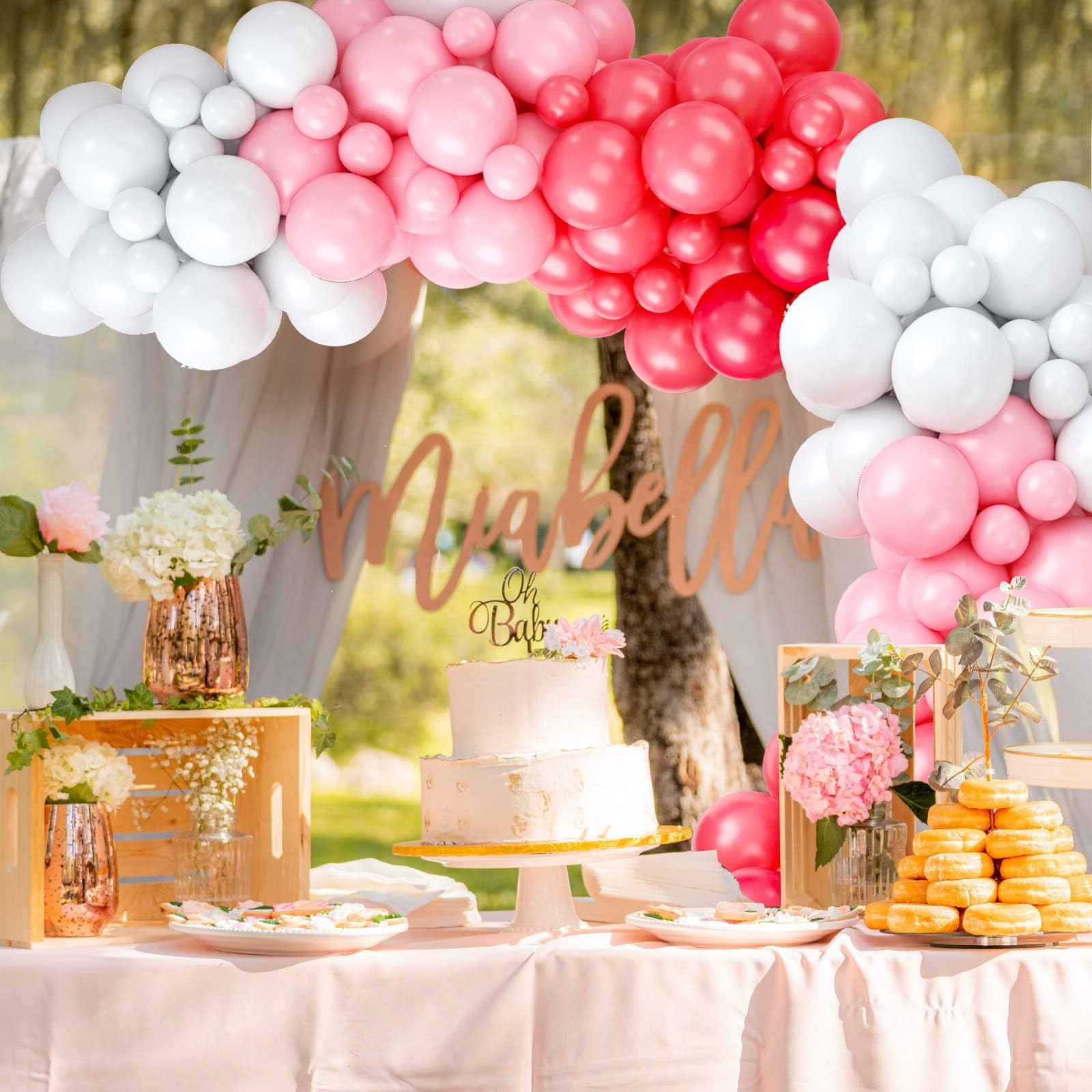 Red Pink Balloon Arch & Garland Kit - White Pink Macaron & Balloons