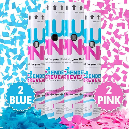 Premium Gender Reveal Confetti Cannon Set of 4 Mixed 2 Blue 2 Pink