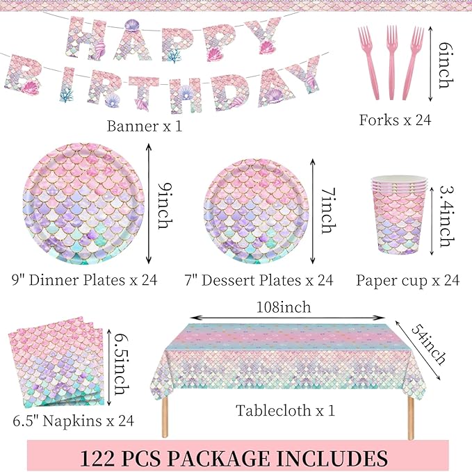 122 Pcs Mermaid Birthday Party Decorations Supplies Includes Plates