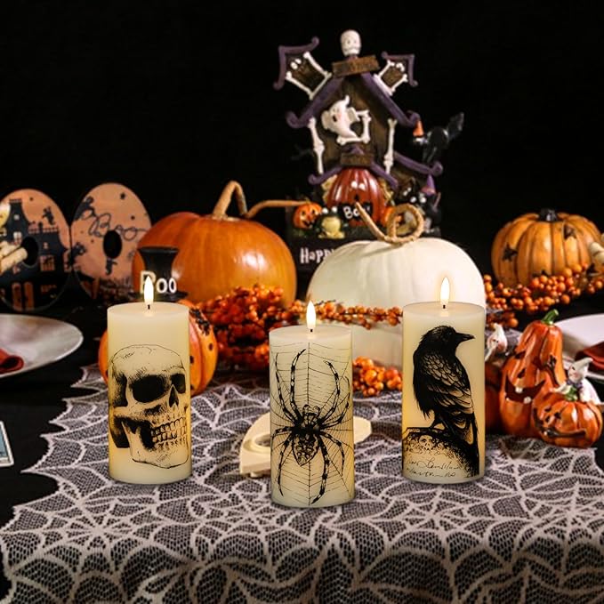 Halloween Flickering Candles Remote with Skull Spider Web Crow Raven