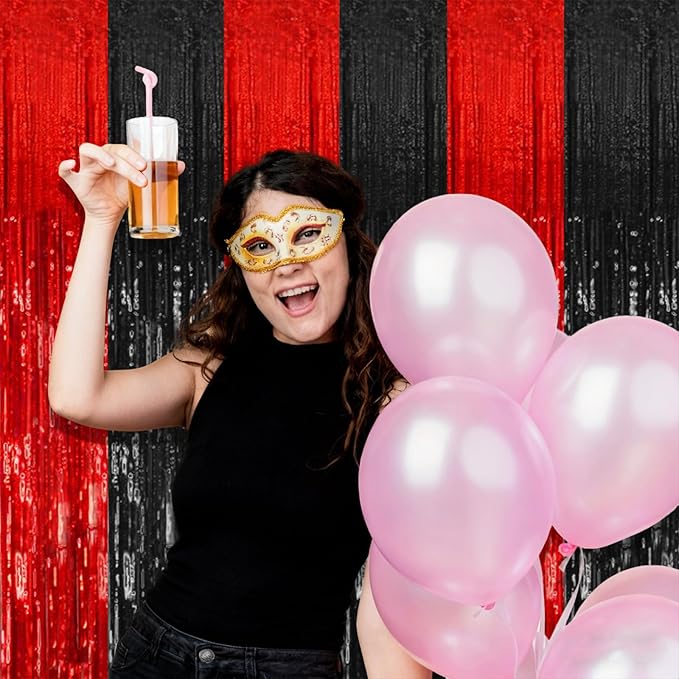2 Pack Black and Red Backdrop Party Decorations Tinsel Curtain