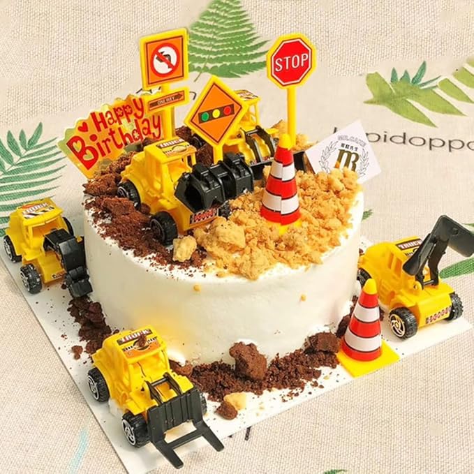 Construction Cake Topper Large Crane Excavator Traffic Road Sign
