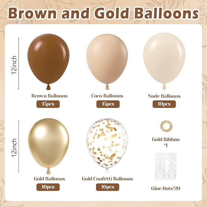60pcs Brown and Gold Balloons for Neutral Bridal Shower, Birthday,