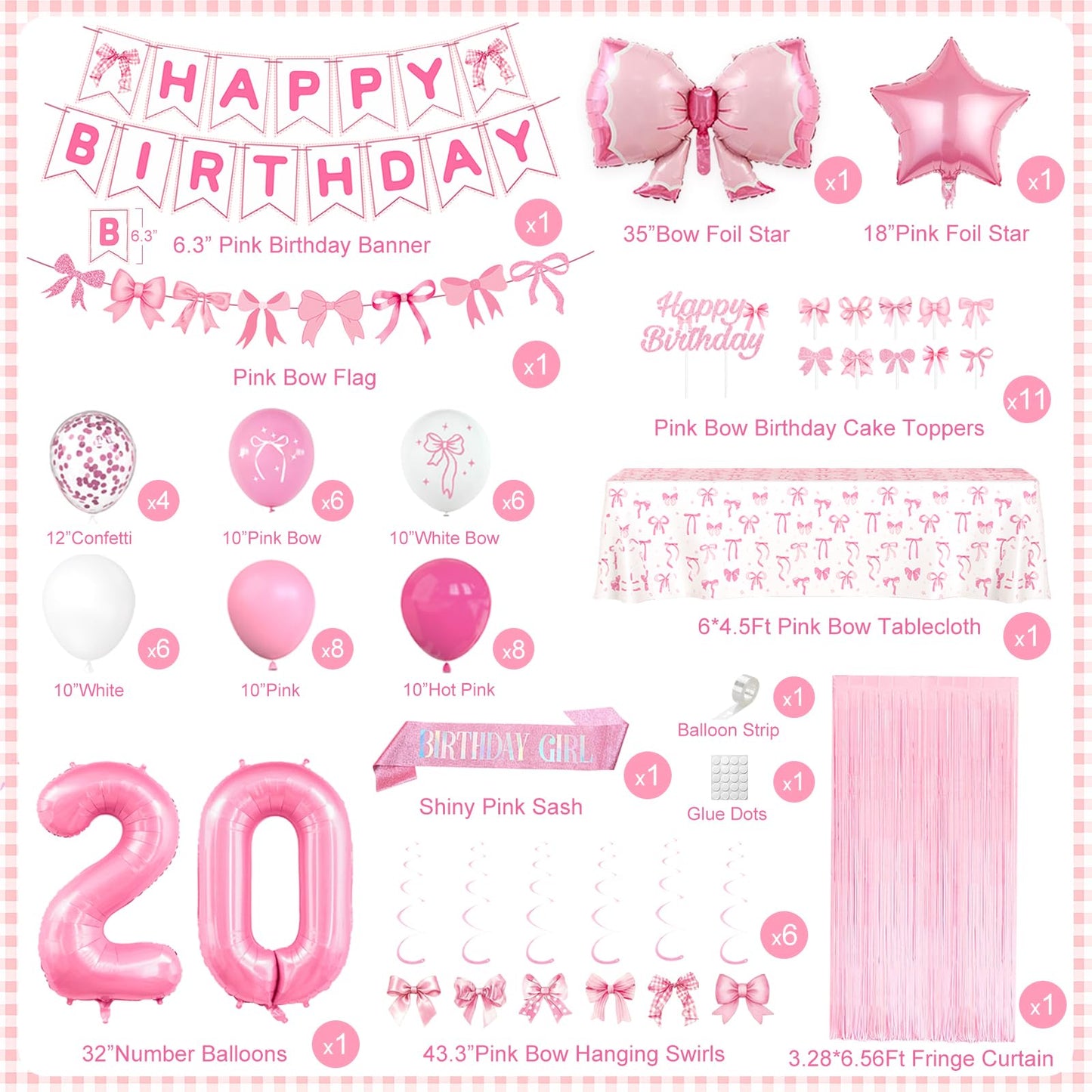 20th Pink Birthday Decorations for Women, Pink Bow Coquette Birthday
