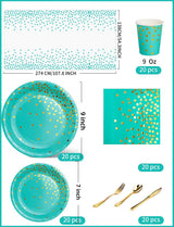 Nkaiso 141 Pieces Blue Green and gold Party Supplies, Disposable Party