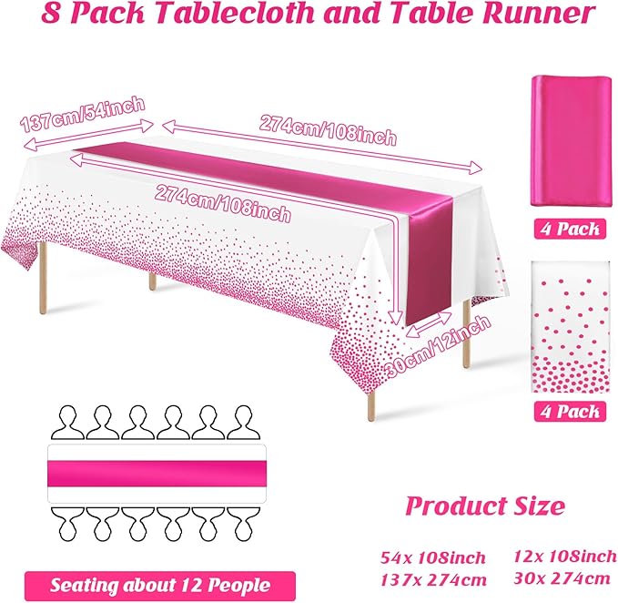 MASHAN 8Pack Disposable Plastic Party Tablecloths & Satin Table
