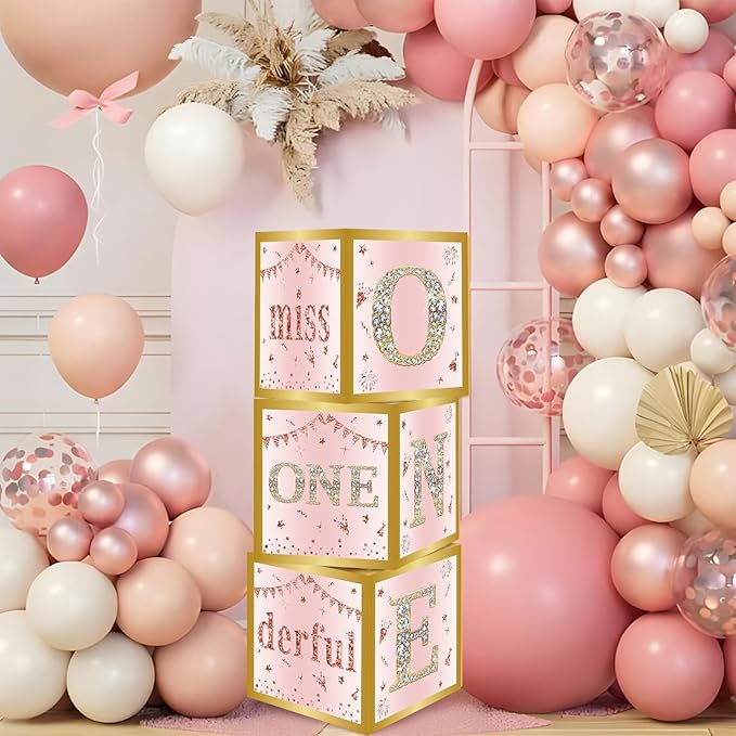 DataMoon 1st Birthday Decorations Boxes for Baby Girl - 3PCS Pink