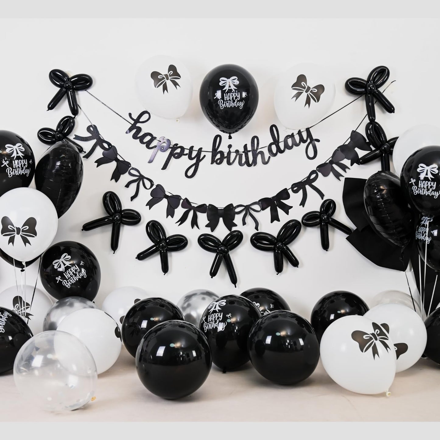 Black Silver White Bow Birthday Decorations, Coquette Party Decor with