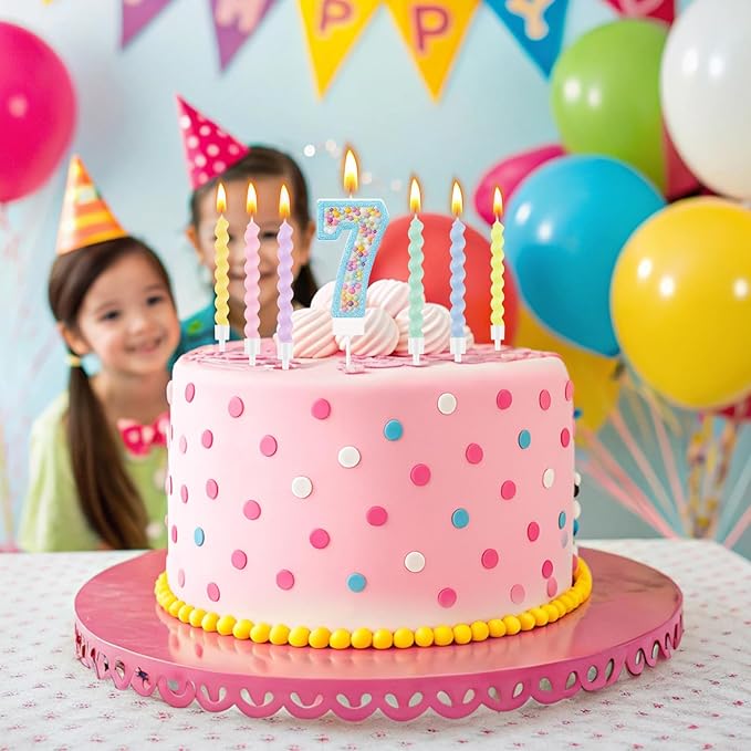 MTLEE Number 7 Birthday Candle Macaron Glitter 3D Number Candle with