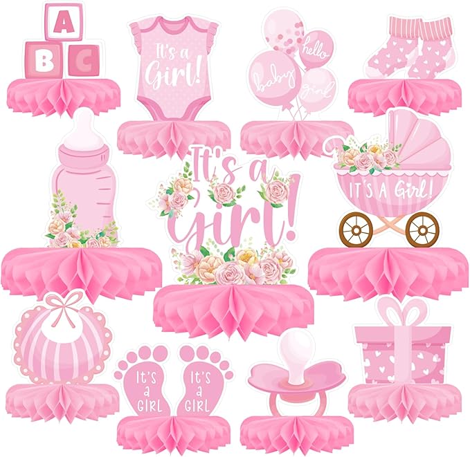 Girl Baby Shower Decorations Set - Kit with Pink Honeycomb