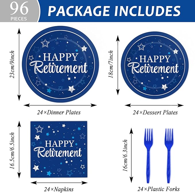 96Pcs Blue Retirement Plates and Napkins Blue Silver Retirement