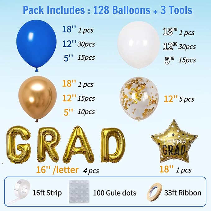 Graduation Balloon Arch Kit 128Pcs Blue White and Gold Balloon