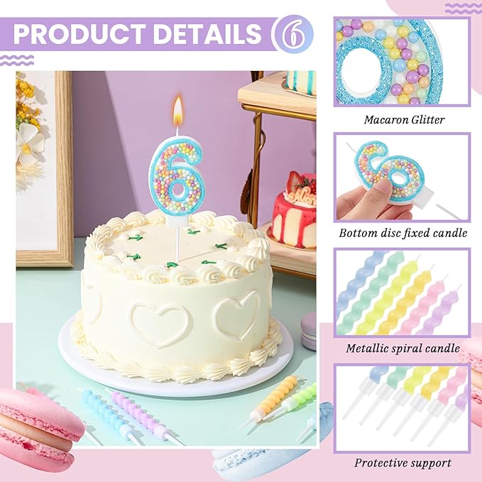 MTLEE Birthday Candle Macaron Glitter 3D Number Candle with 12 Pcs Rai