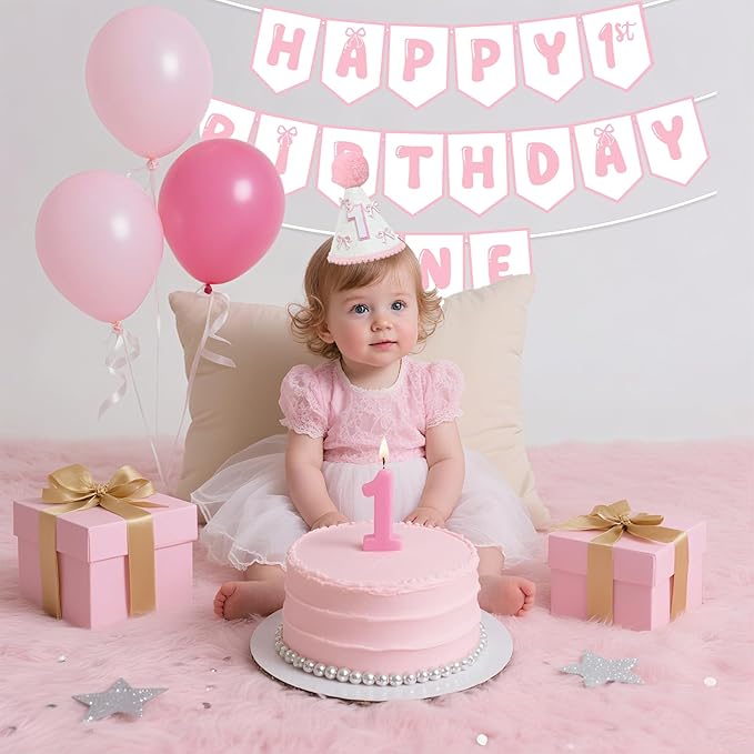 First Birthday Decorations for Girl Pink Bow One Birthday Hat and