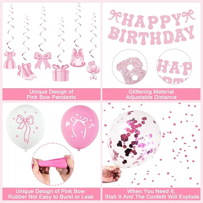 2nd Birthday Decorations for Baby Girls Pink Bow Coquette 2 Birthday